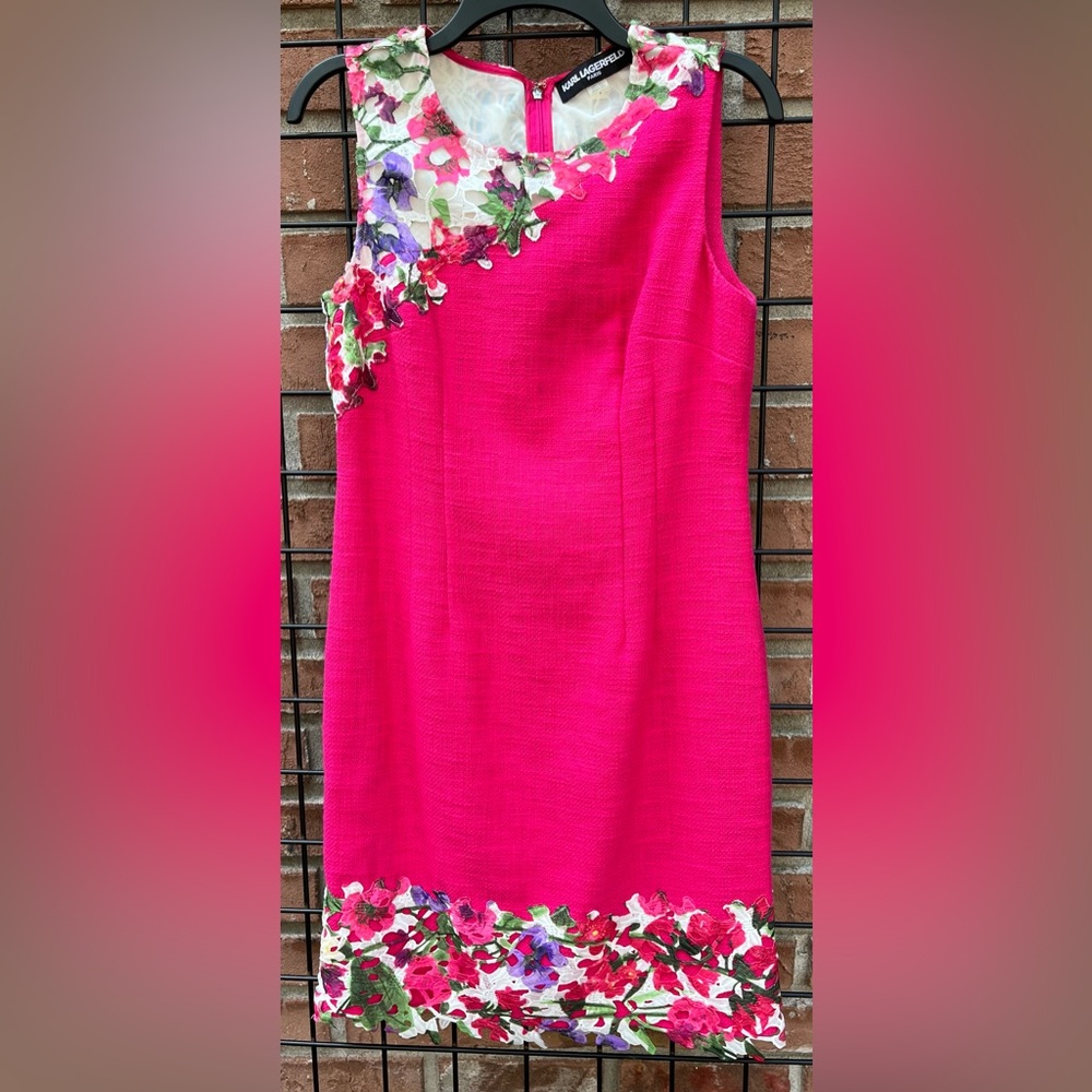 Karl Lagerfield Paris Pink with Lace Floral Trim Dress EUC Size 6